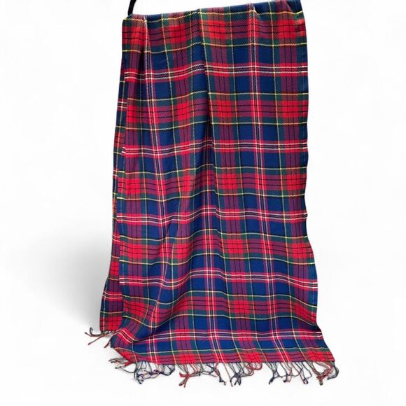 Talbots 100% Wool Red & Navy Tartan Plaid Oversized Fringe Scarf / Wrap - Picture 2 of 6